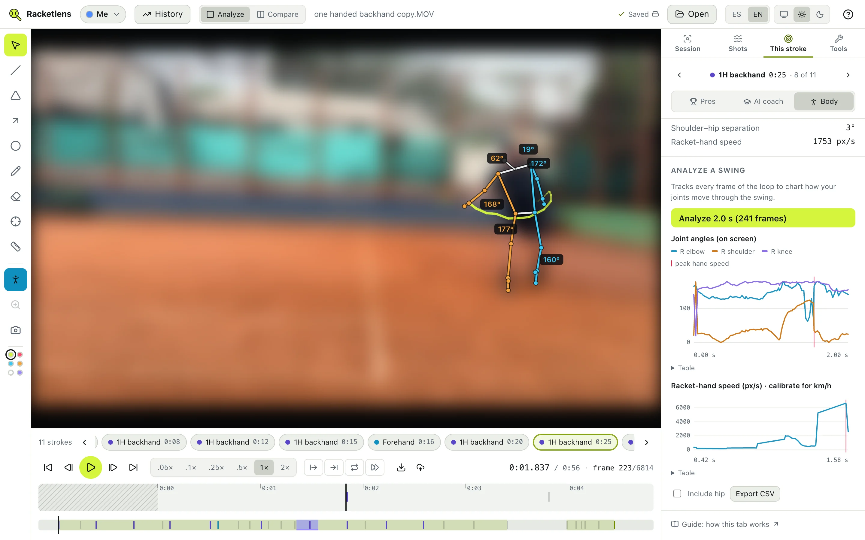 The Racketlens analyzer showing body tracking, joint angles and a stroke timeline. The player is blurred for privacy.