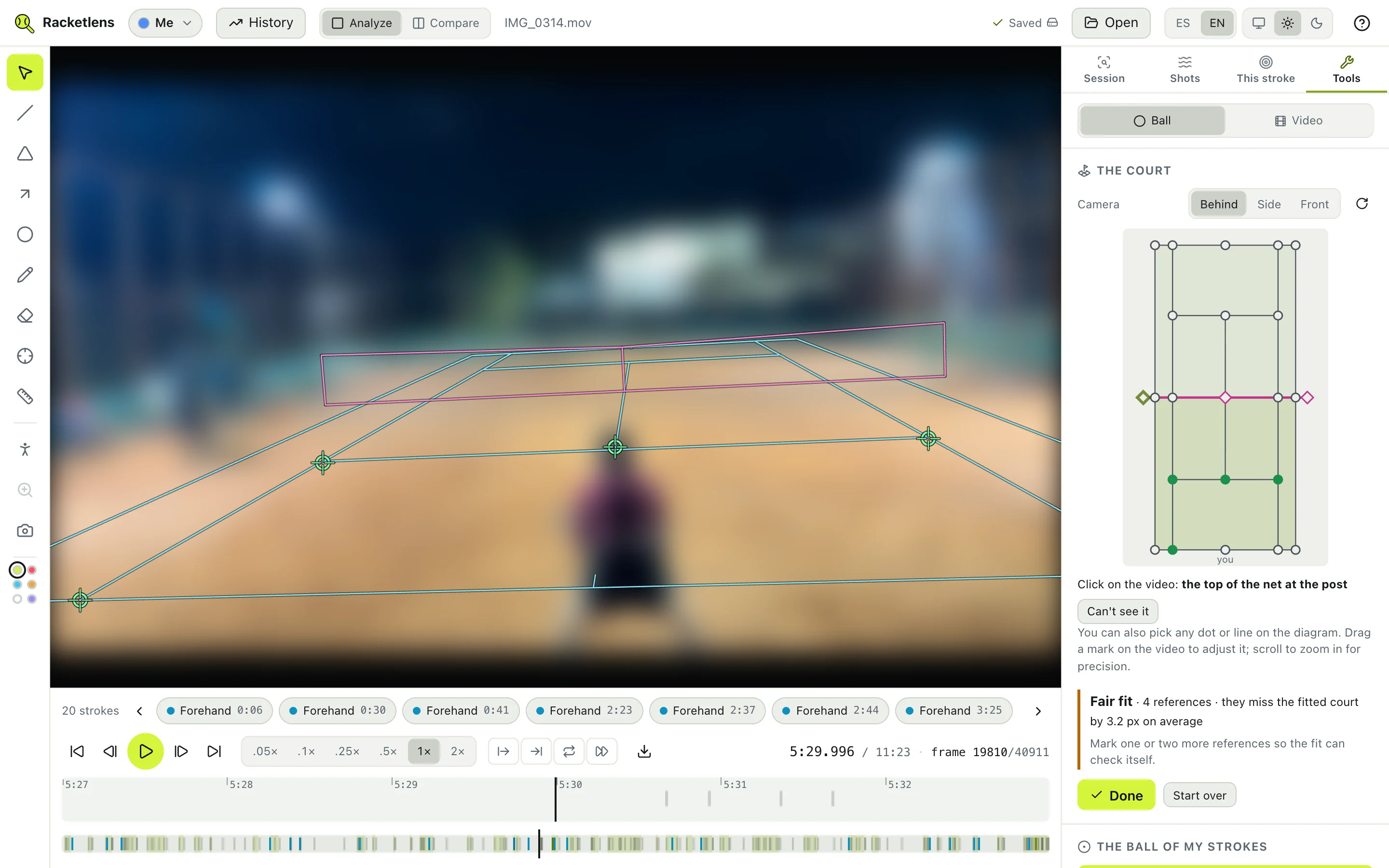 Calibration: the court diagram, the marks on the video and the fit’s verdict.