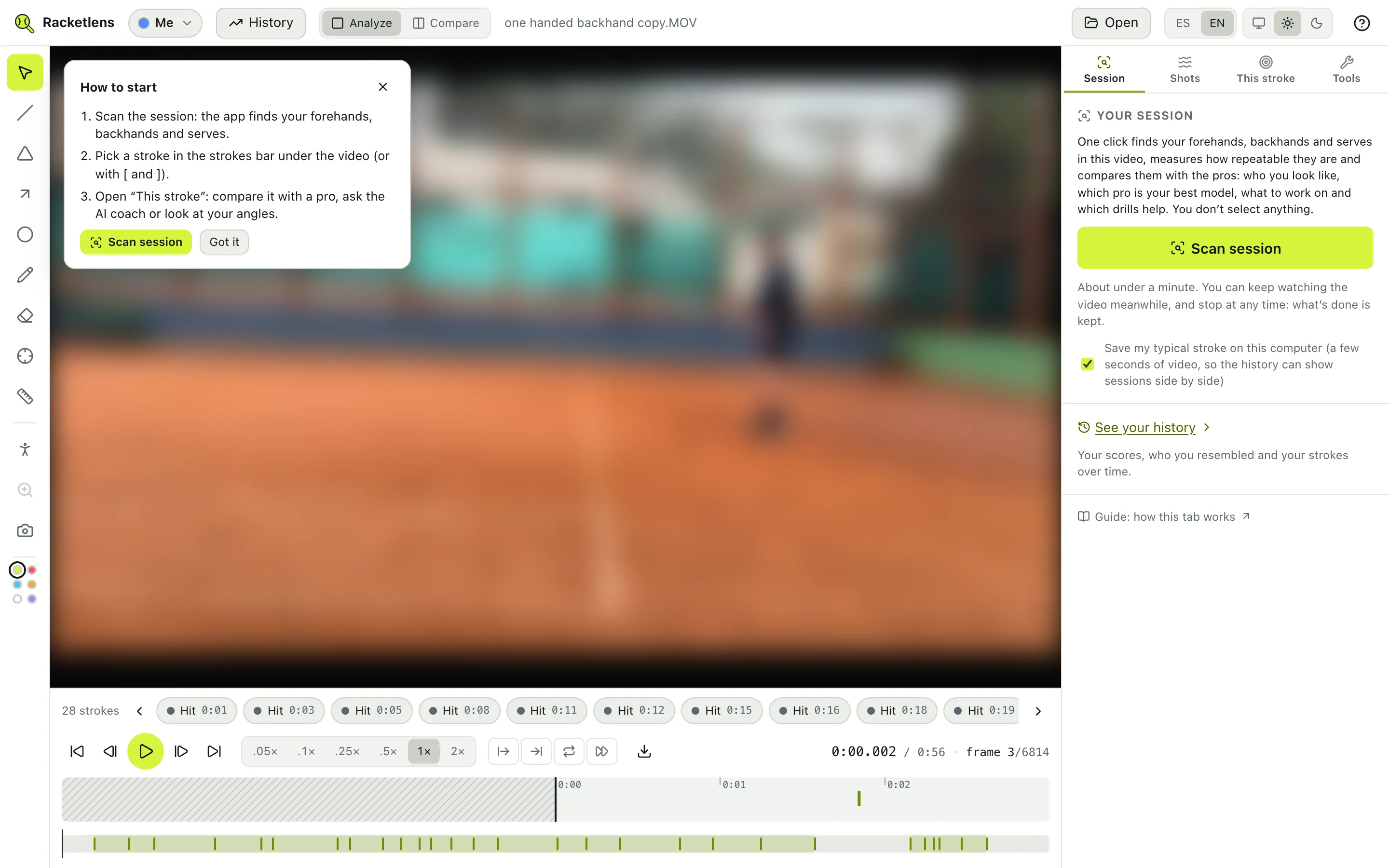 Open a video with the button or by dropping it on the window. It’s analysed on your computer; with your account, it’s also saved to it privately.
