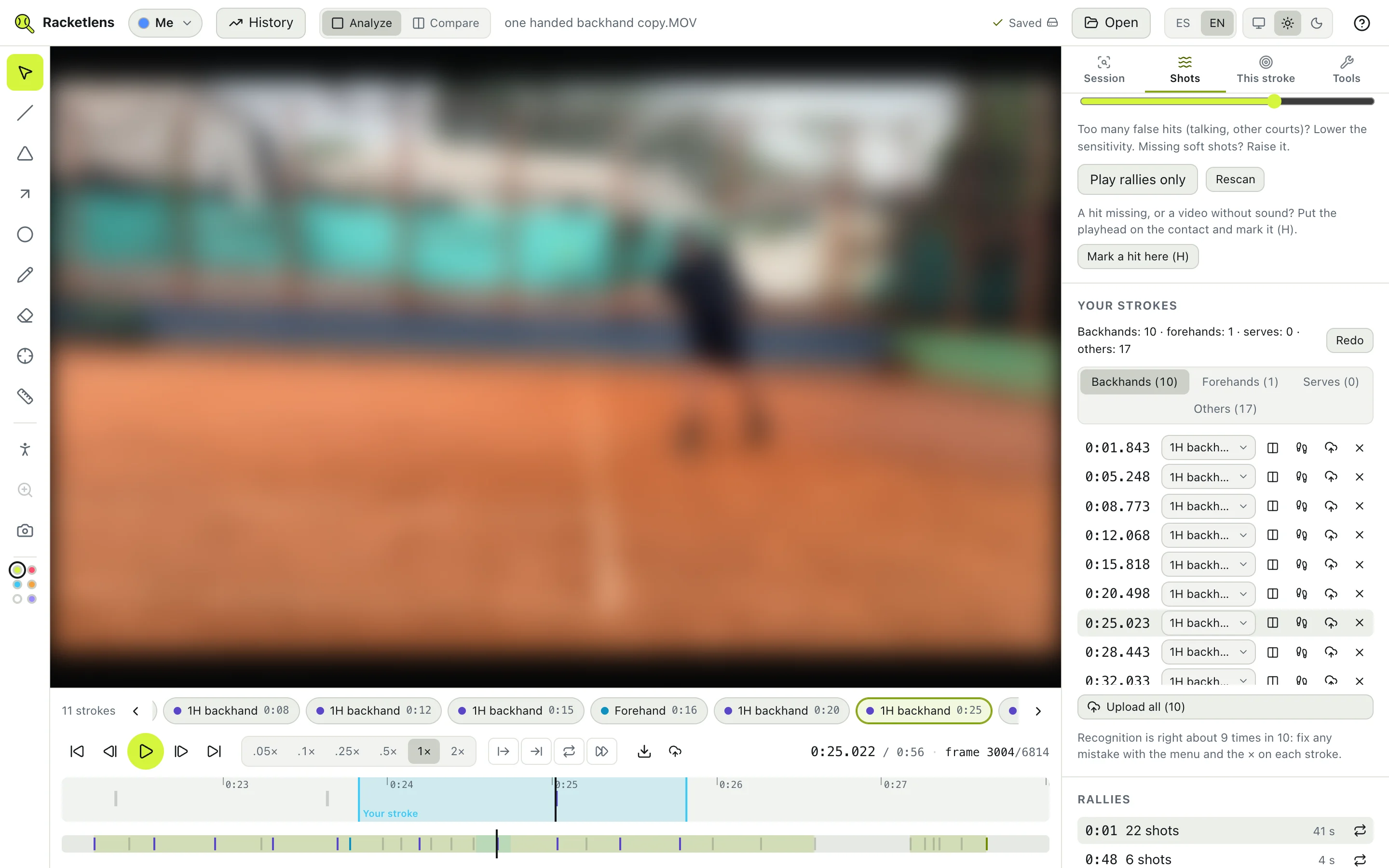 The Shots tab: the rallies, your strokes by kind and each stroke’s menu.
