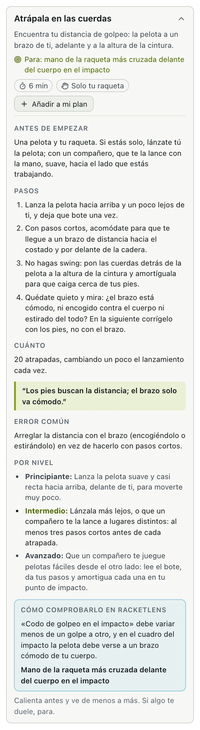 Ejercicios recomendados para lo que encontró el escaneo, con el botón para añadirlos a tu plan.